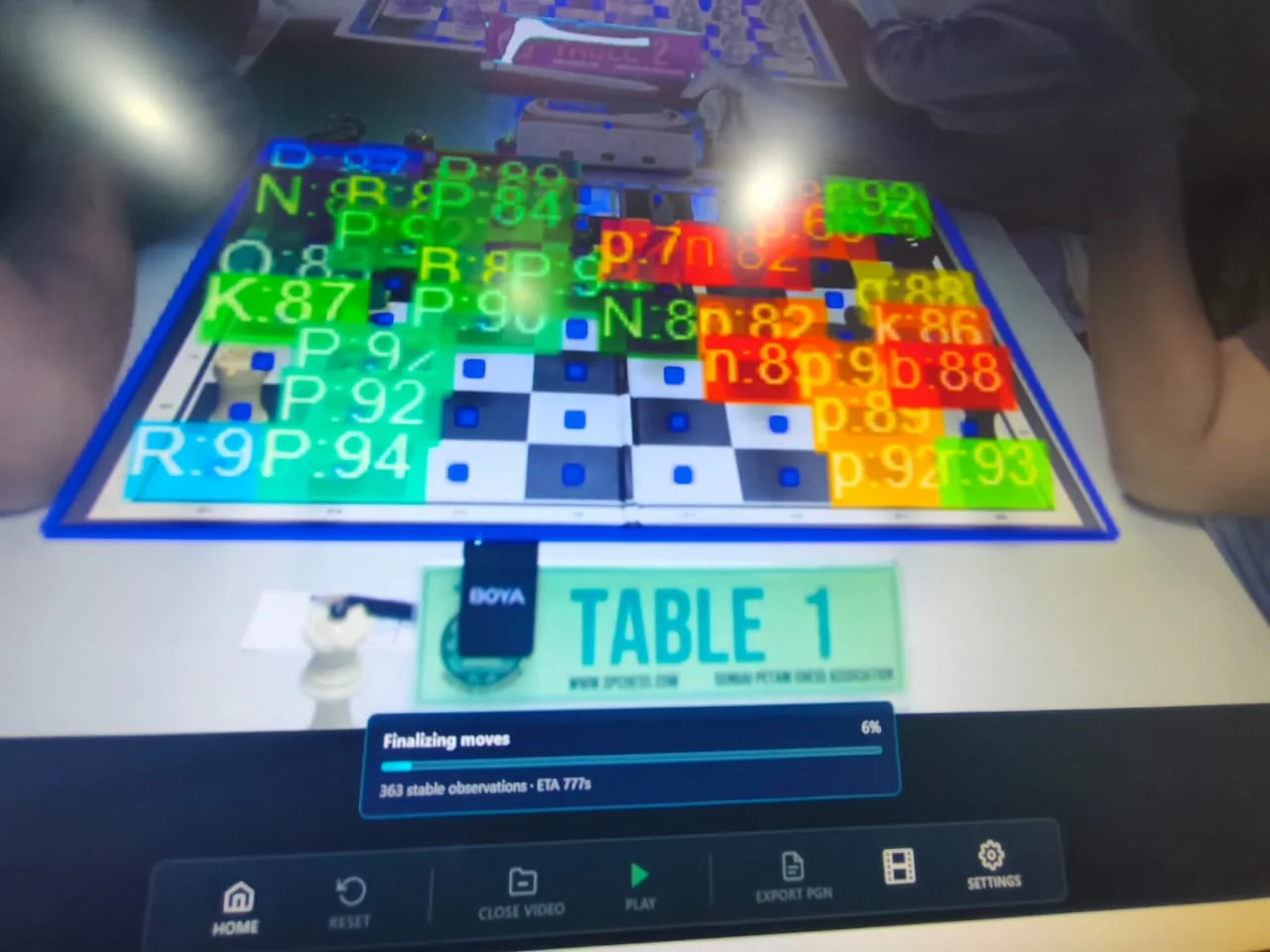 ChessZCam detection debug view with piece confidence labels