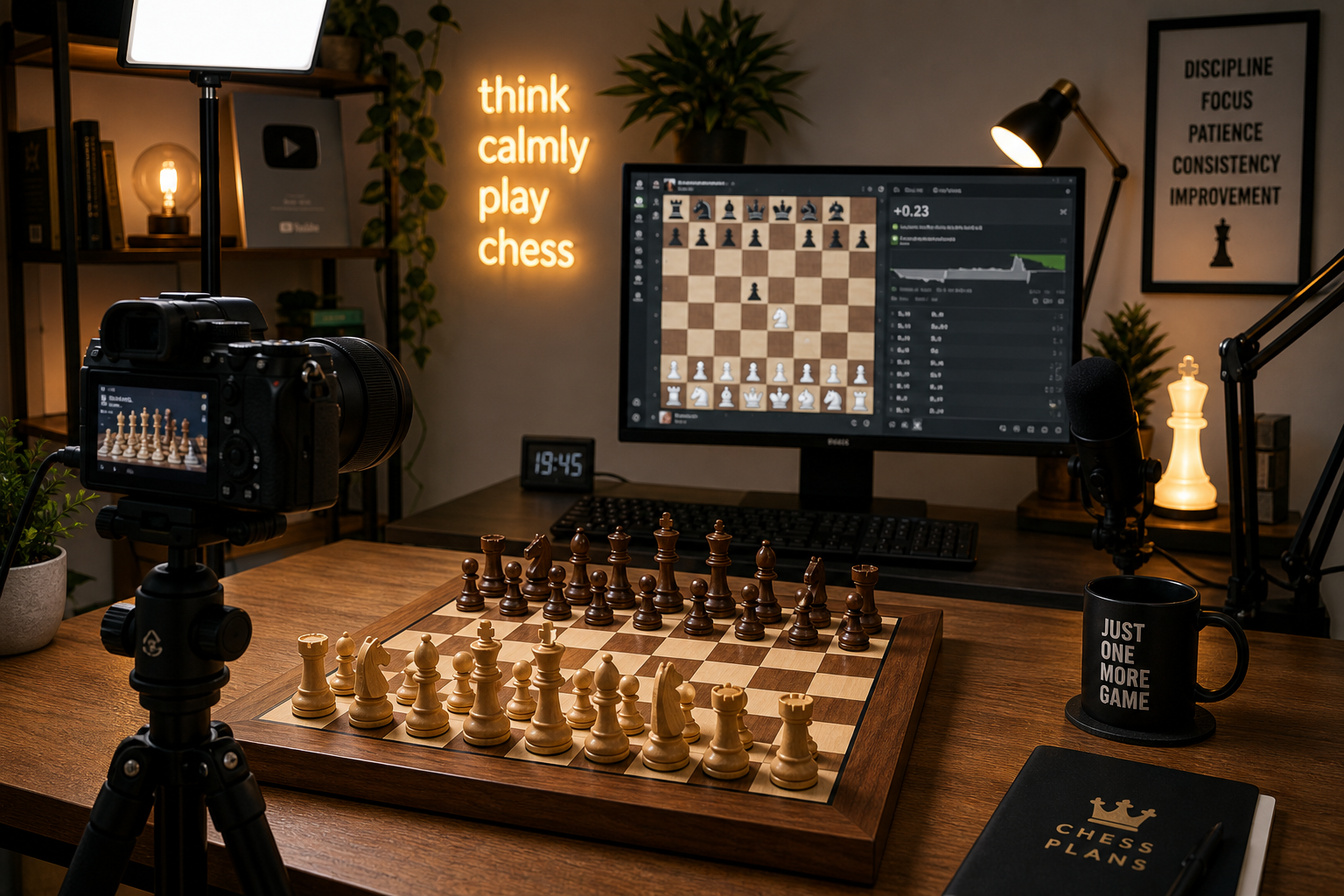 Chess creator working with a physical board, video footage and a digital analysis screen