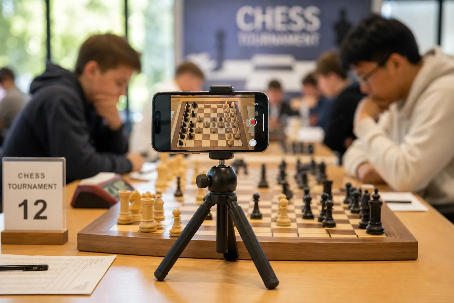 A phone on a tripod recording a normal chess board at a tournament