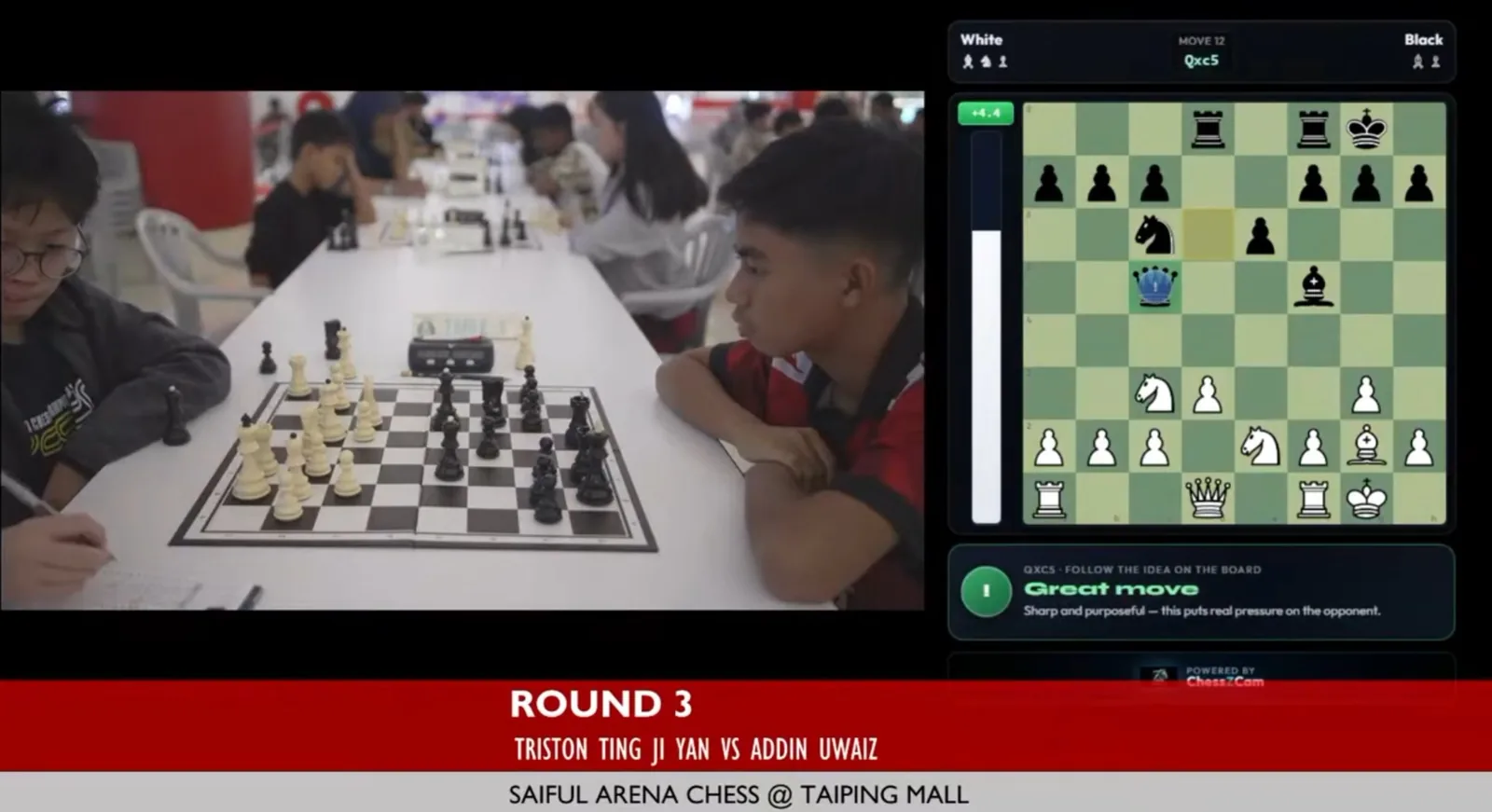 Actual ChessZCam digital board overlay beside tournament camera footage