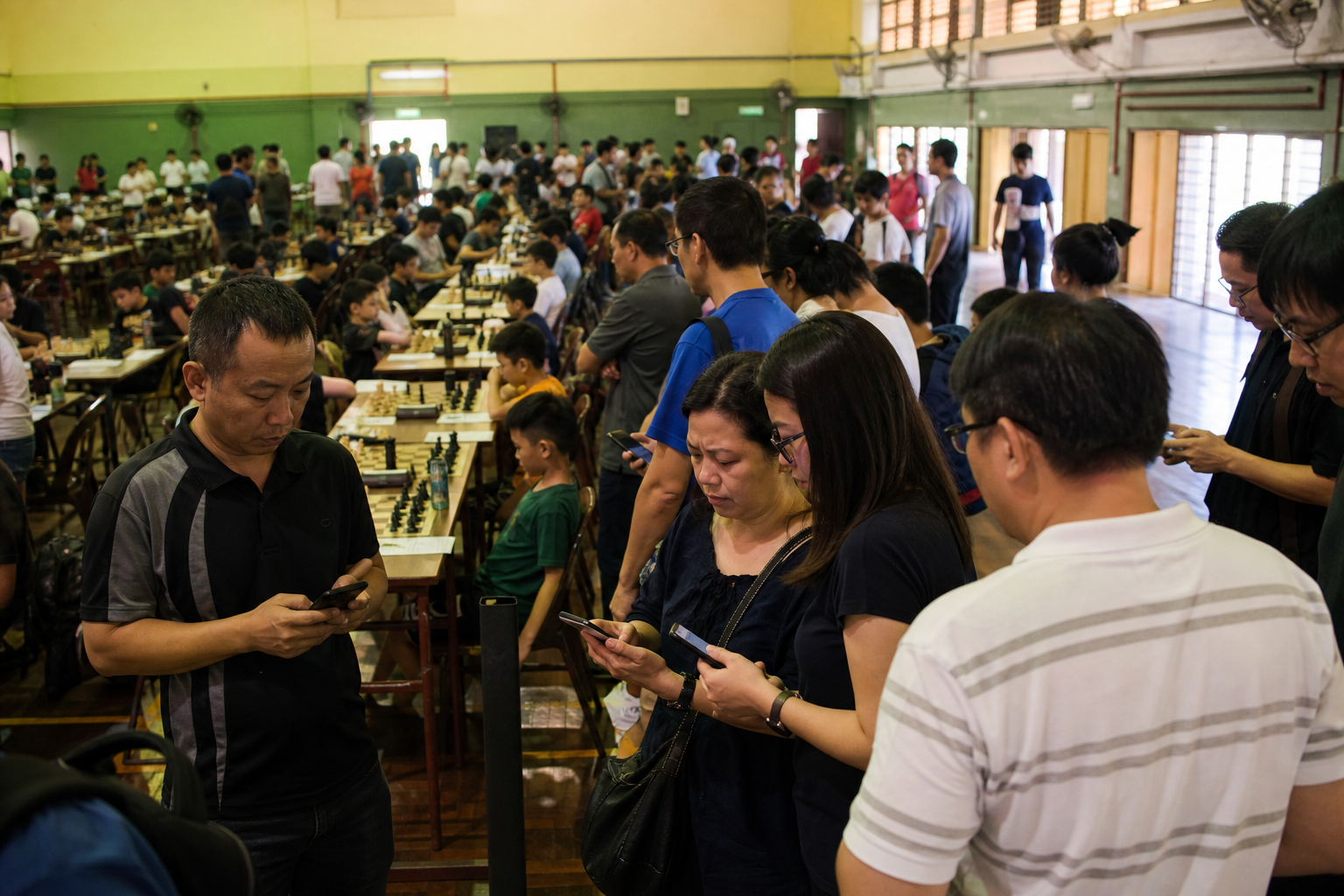Crowded chess hall with parents checking phones for pairings