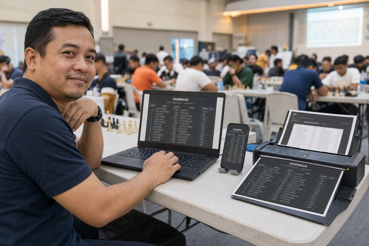 Organizer sharing local pairing graphics at a tournament desk
