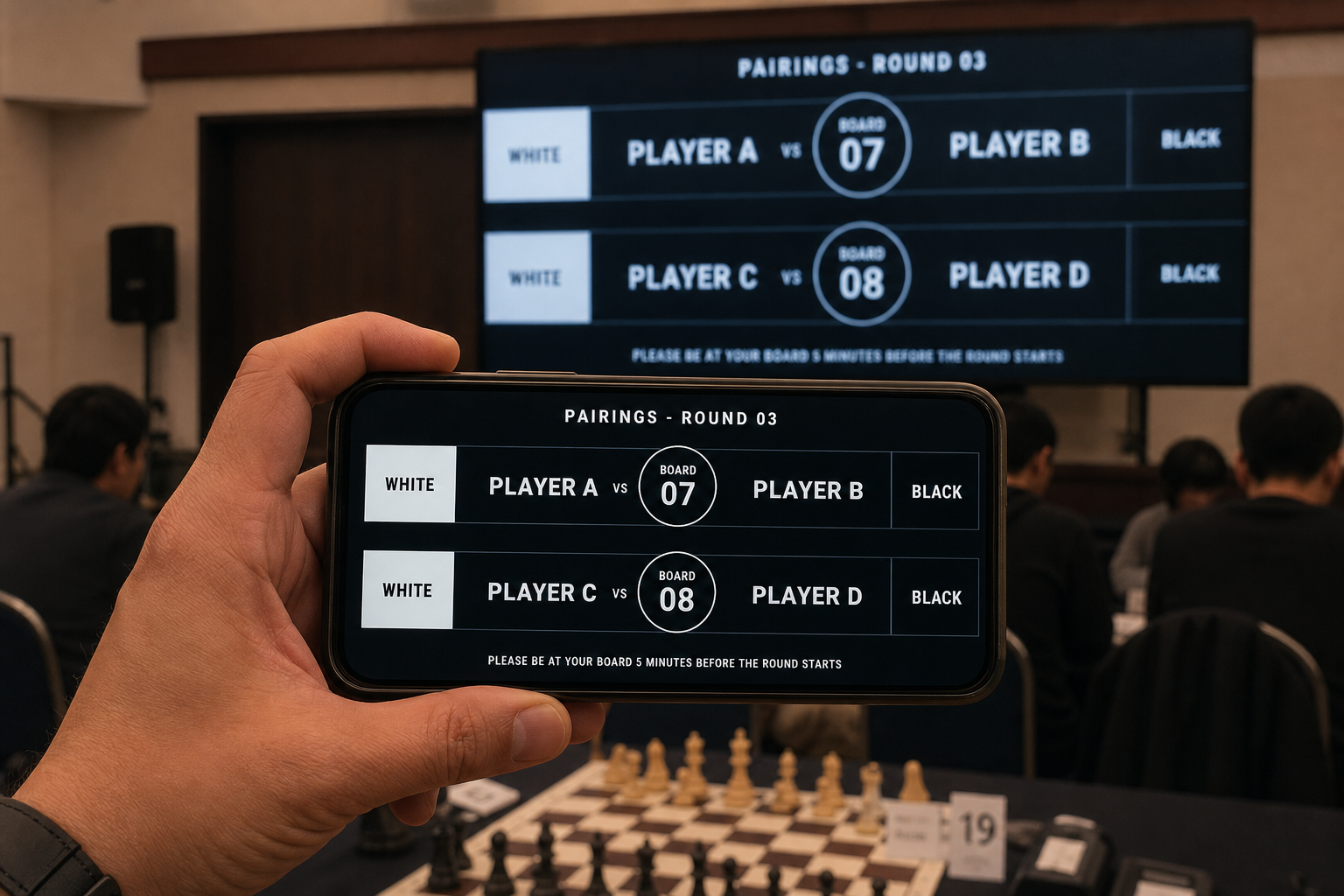 Parent holding a phone showing a clear chess pairing graphic with an LED display soft-focused behind