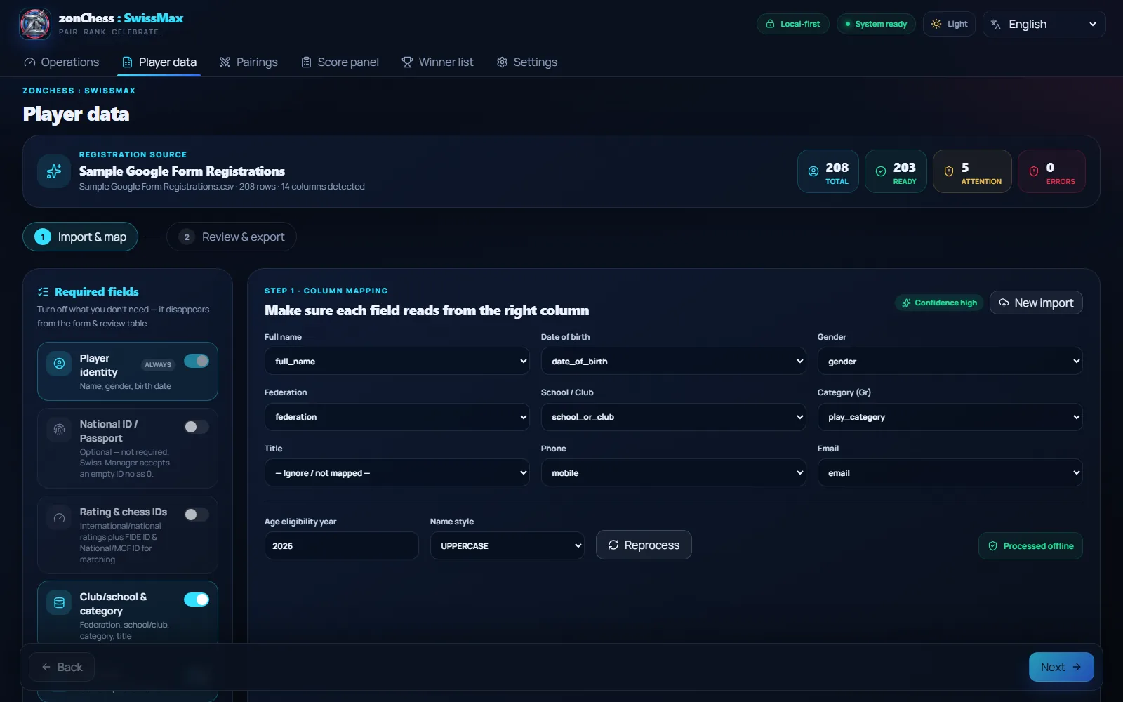SwissMax player data workspace